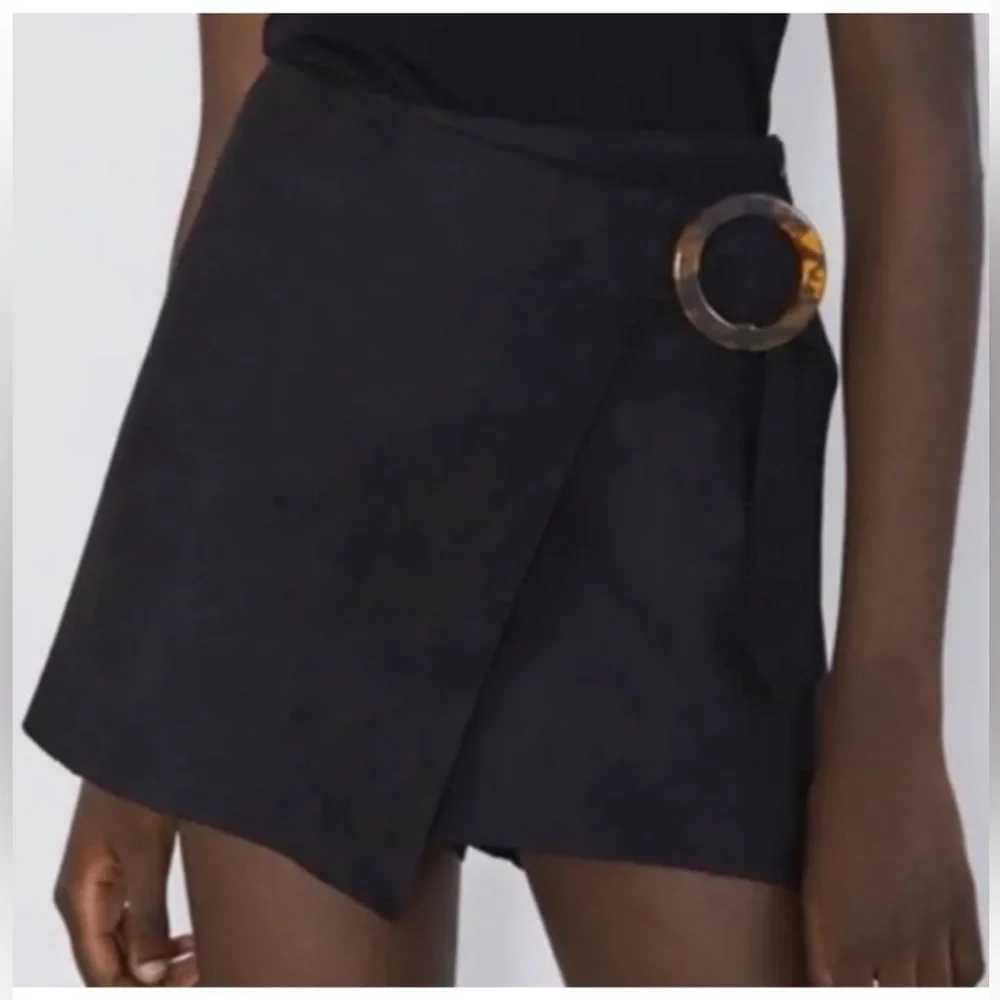 ZARA Black Faux Suede Wrap Skort Tortoise Ring Buckle Large